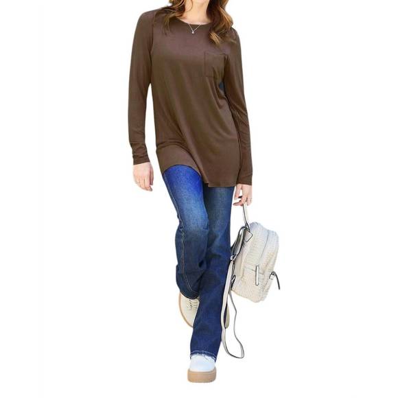 NEW BASIC BAE luxe long sleeve top with pockets in chocolate - Picture 5 of 5